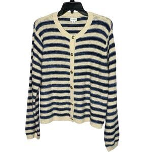 J. Crew Blue & Cream Striped Preppy Cotton Blend Quiet Luxury Cardigan Size XL